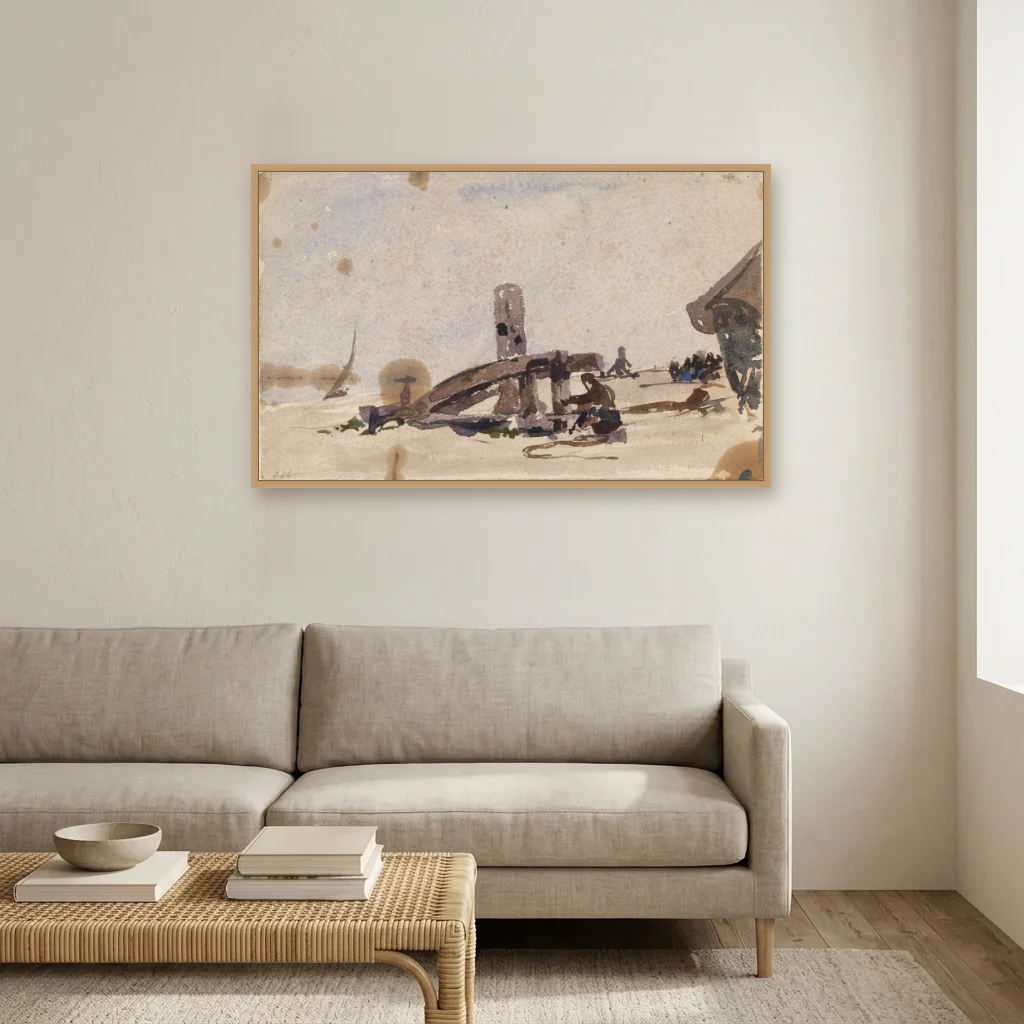 A Kneeling Man on the Beach art print, framed and hung in a living room