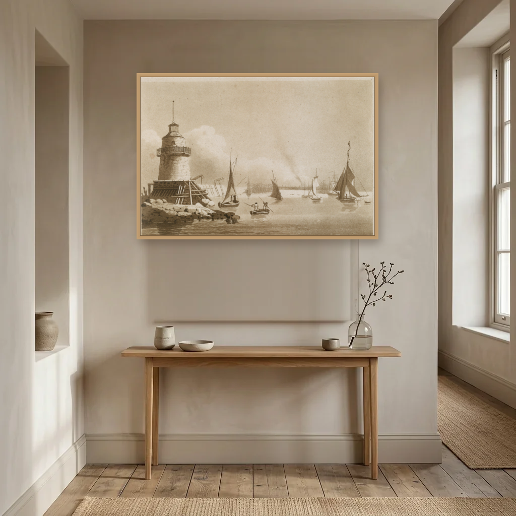 Dublin Harbour from Poolbeg Lighthouse art print, framed and hung in a hallway