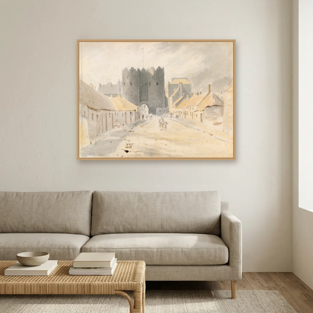 Saint Lawrence's Gate, Drogheda (1819) art print, framed and hung in a living room