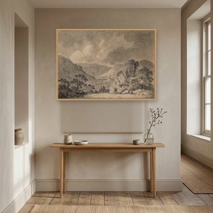 Saint Saviour's, Saint Kevin's and the Lower Lake, Glendalough art print, framed and hung in a hallway
