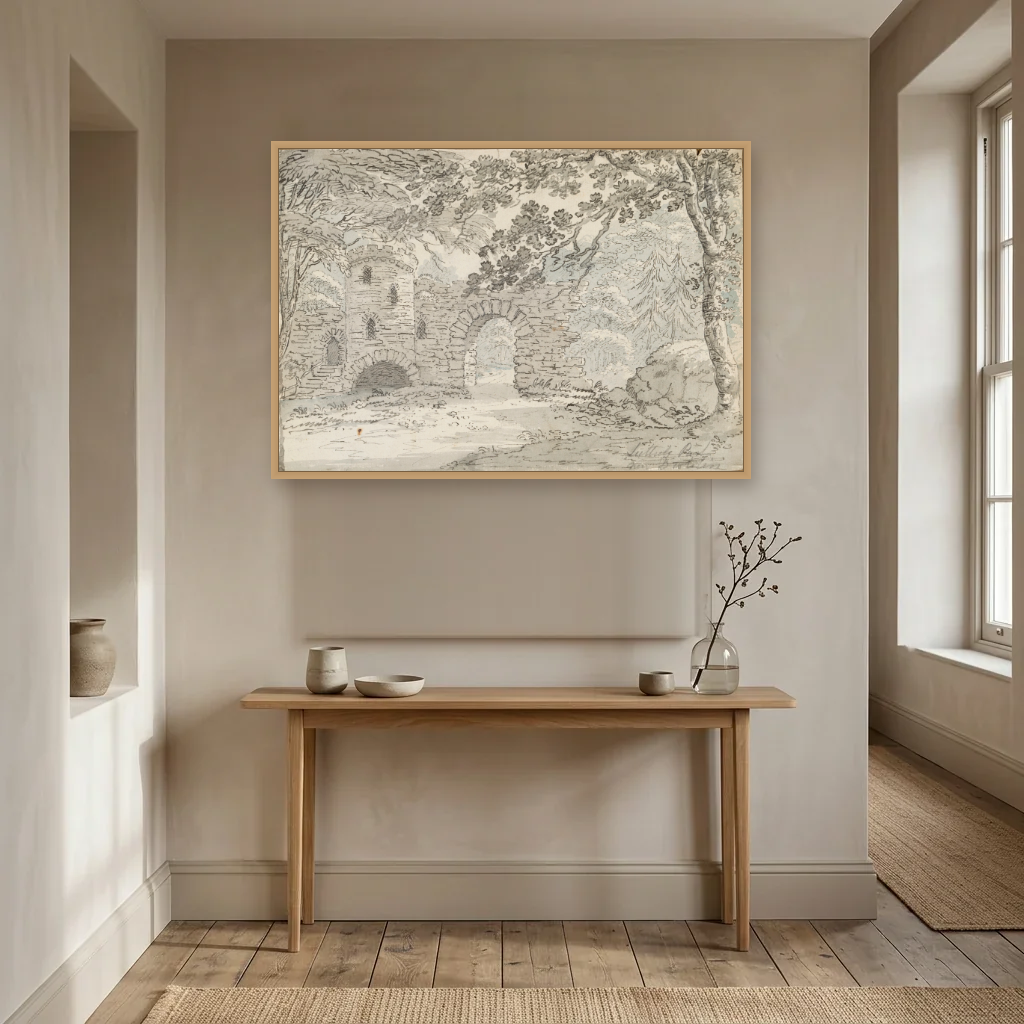 The Rustic Arch, Luttrelstown Castle art print, framed and hung in a hallway