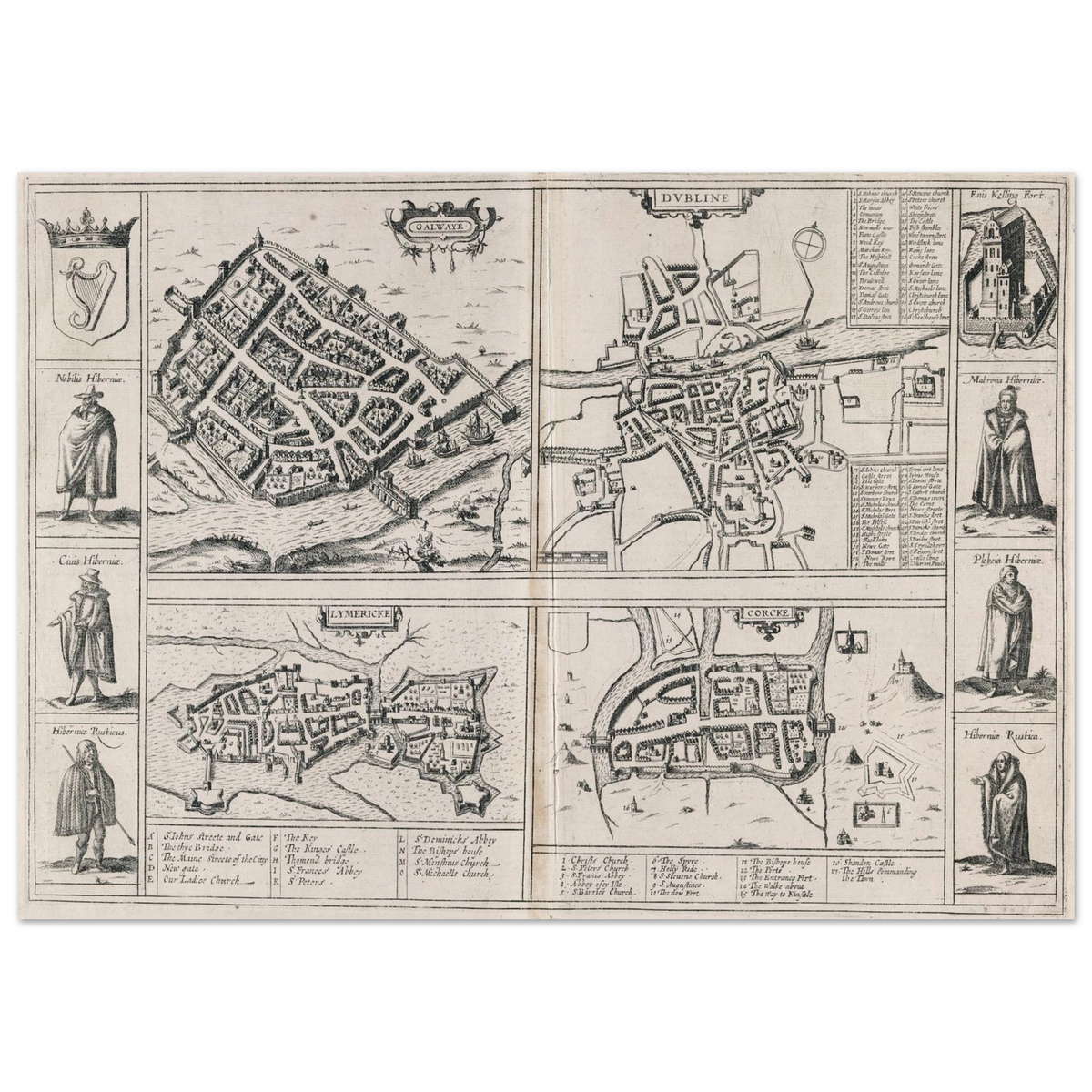 1618 town plans of Dublin, Cork, Limerick and Galway, flat unframed map print