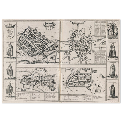 1618 town plans of Dublin, Cork, Limerick and Galway, flat unframed map print