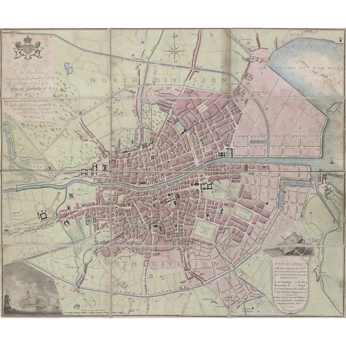 Modern Plan of the City and Environs of Dublin, 1798, by William Wilson, vintage Dublin map print