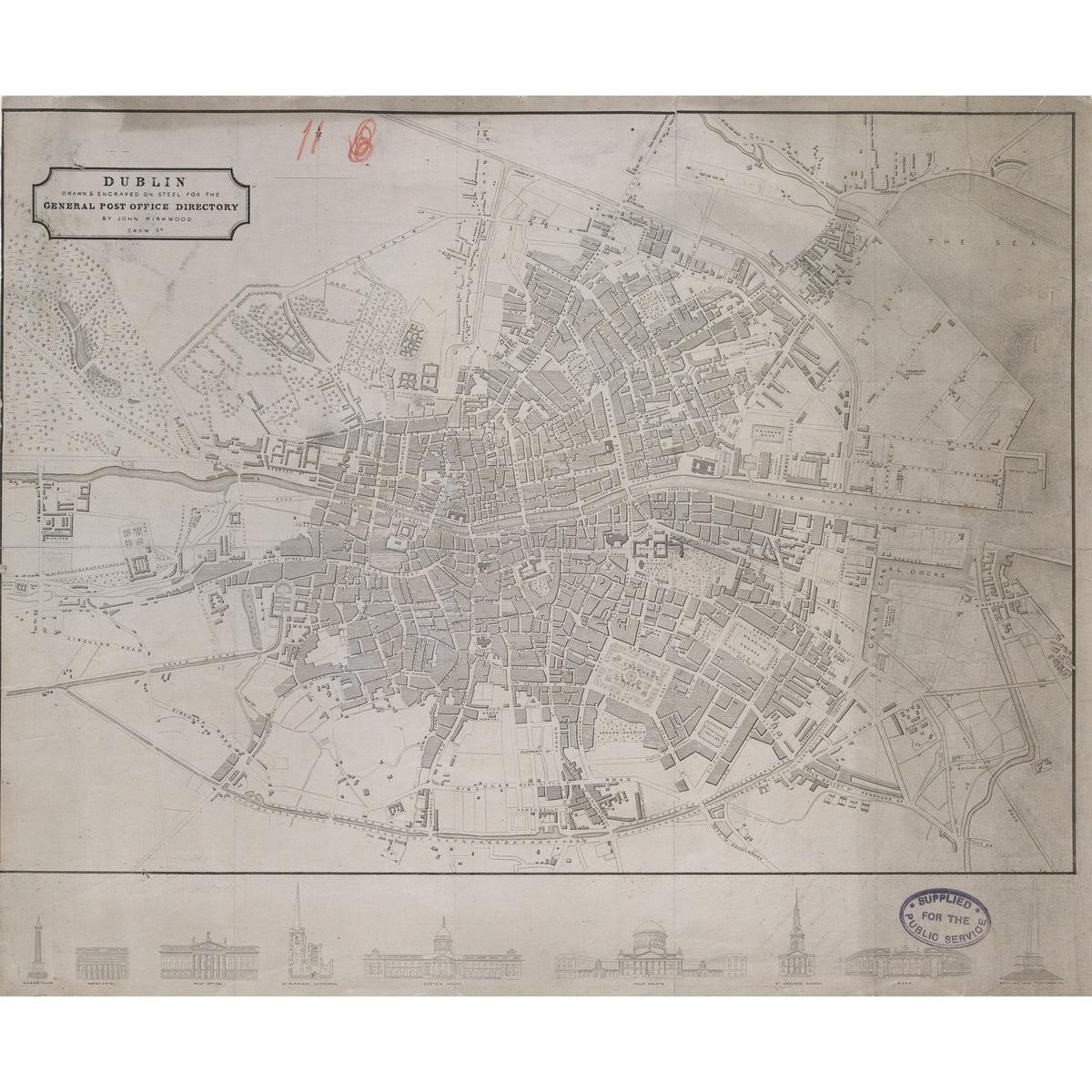 Plan of Dublin c.1830 by John Kirkwood for the Post Office Directory, with elevations of city landmarks below