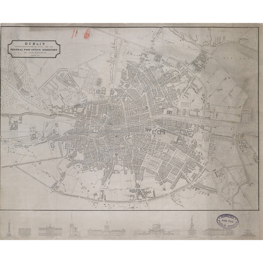 Plan of Dublin c.1830 by John Kirkwood for the Post Office Directory, with elevations of city landmarks below