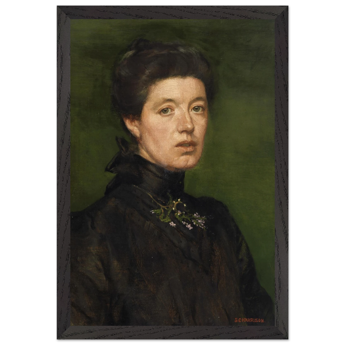 Self-portrait by Sarah Cecilia Harrison, art print in a black frame, 30x45 cm