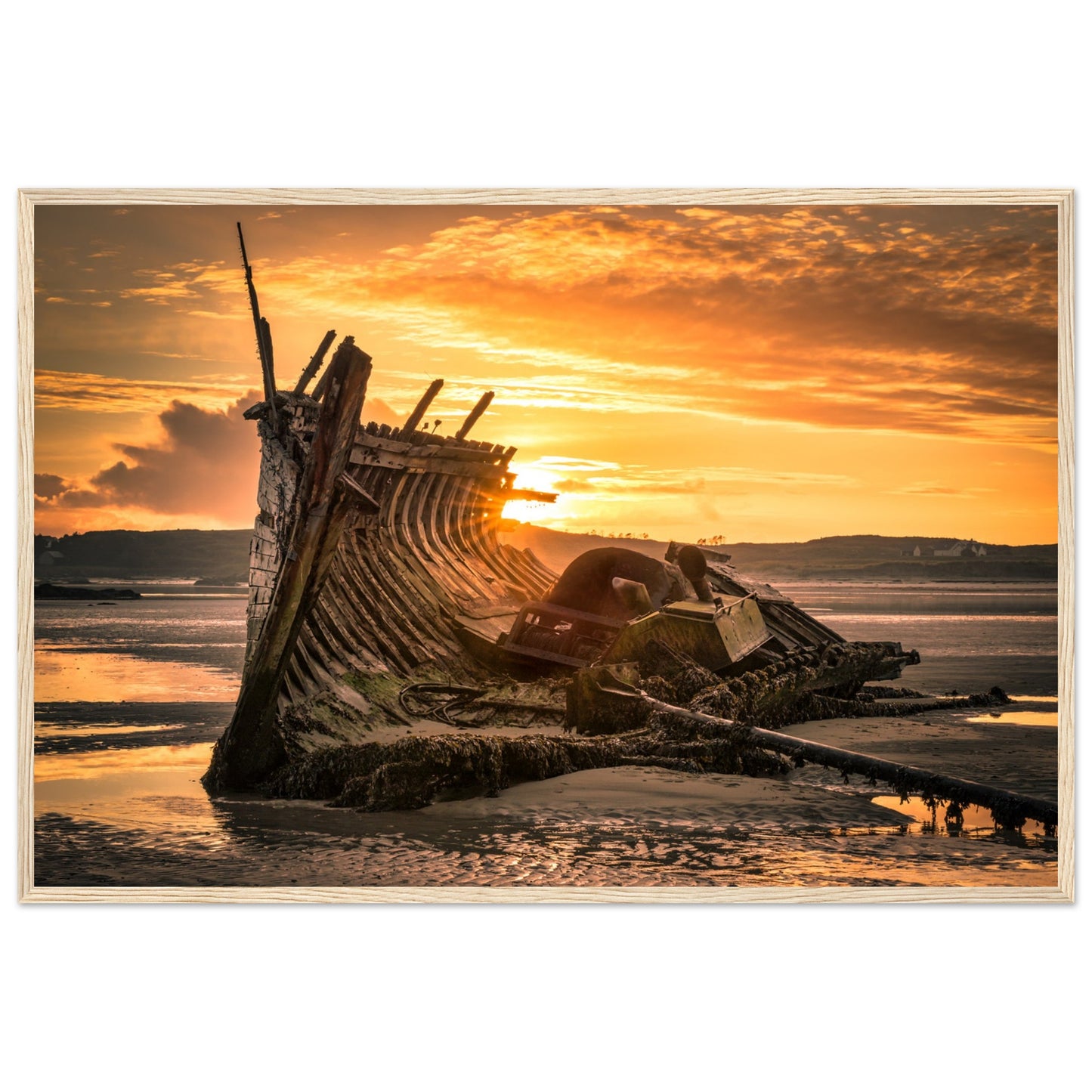 Fine art print captures sunset shipwreck at Bunbeg, Co. Donegal on Wild Atlantic Way. Rich cultural scene in Irish-speaking Gaoth Dobhair