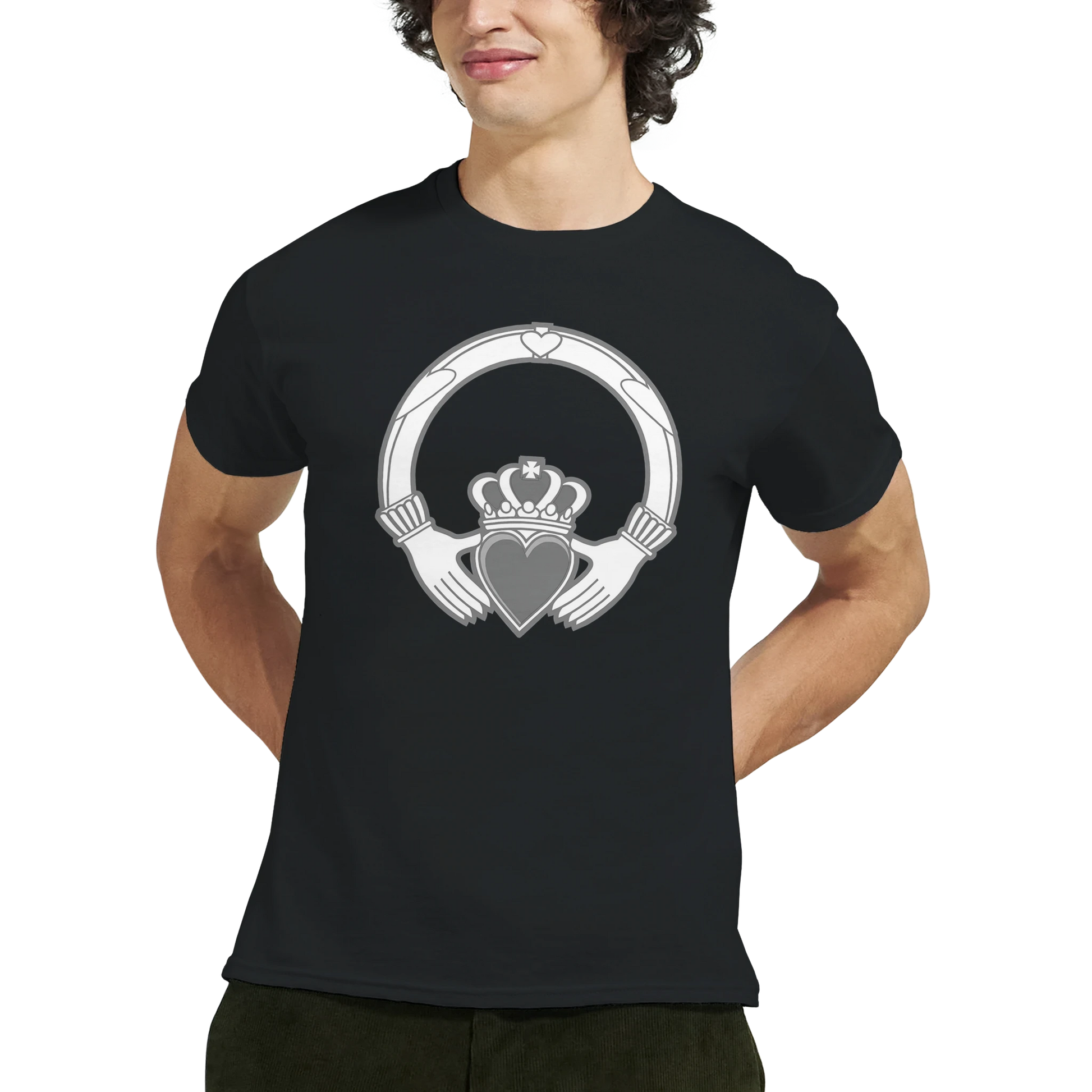 Claddagh Ring Heavyweight Unisex Crewneck T-Shirt – lifestyle worn view | Buy Irish Art