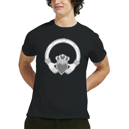 Claddagh Ring Heavyweight Unisex Crewneck T-Shirt – lifestyle worn view | Buy Irish Art