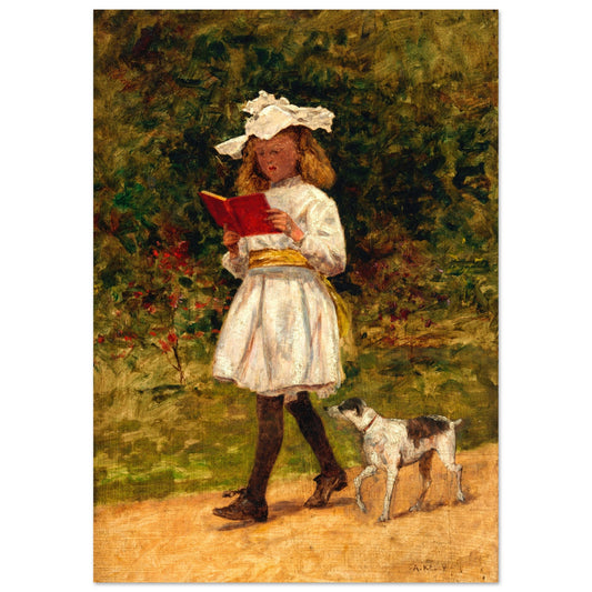 A Young Girl Reading by Aloysius O'Kelly Art Print – framed print close-up | Buy Irish Art