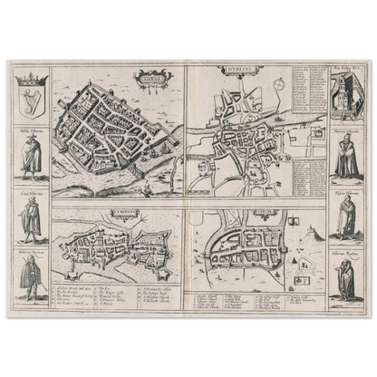 Town Plans of Dublin, Cork, Limerick and Galway (1618) – Historic Reproduction Print – Irish wall art print | Buy Irish Art