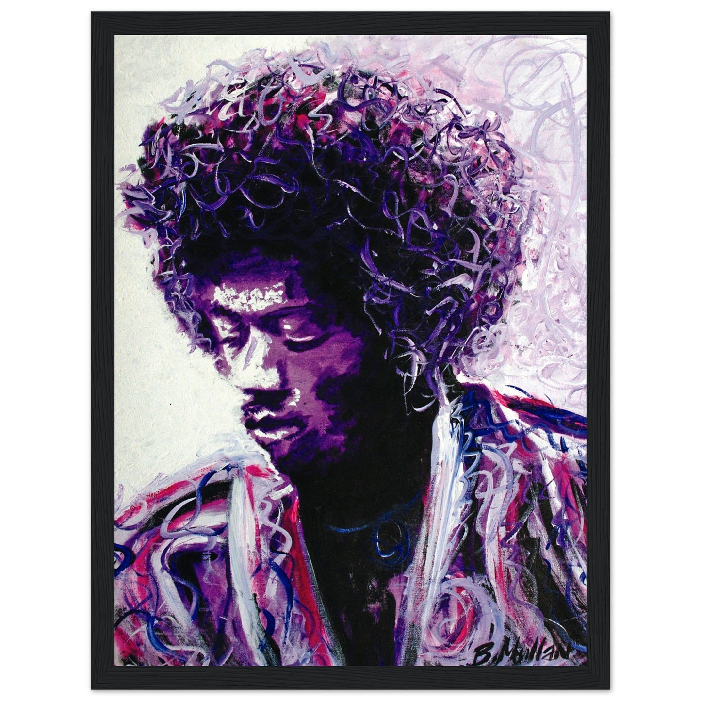 Framed art print of Jimi Hendrix by Irish artist B. Mullan, inspired by 'Purple Haze.' Features purple, navy blue, and rose gold hues, capturing his iconic presence and musical genius. Perfect for fans and home decor enthusiasts.