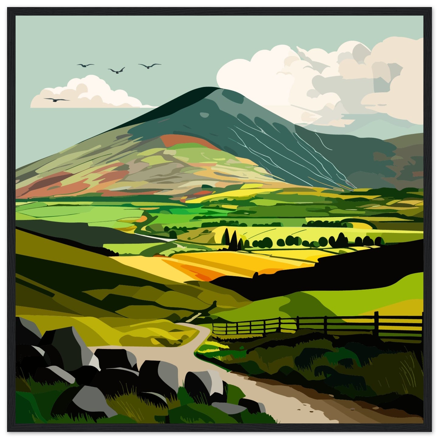 Black framed art print depicting lush green Irish countryside, evoking tranquility and beauty. Ideal for nature lovers longing for the Emerald Isle's serene landscapes.