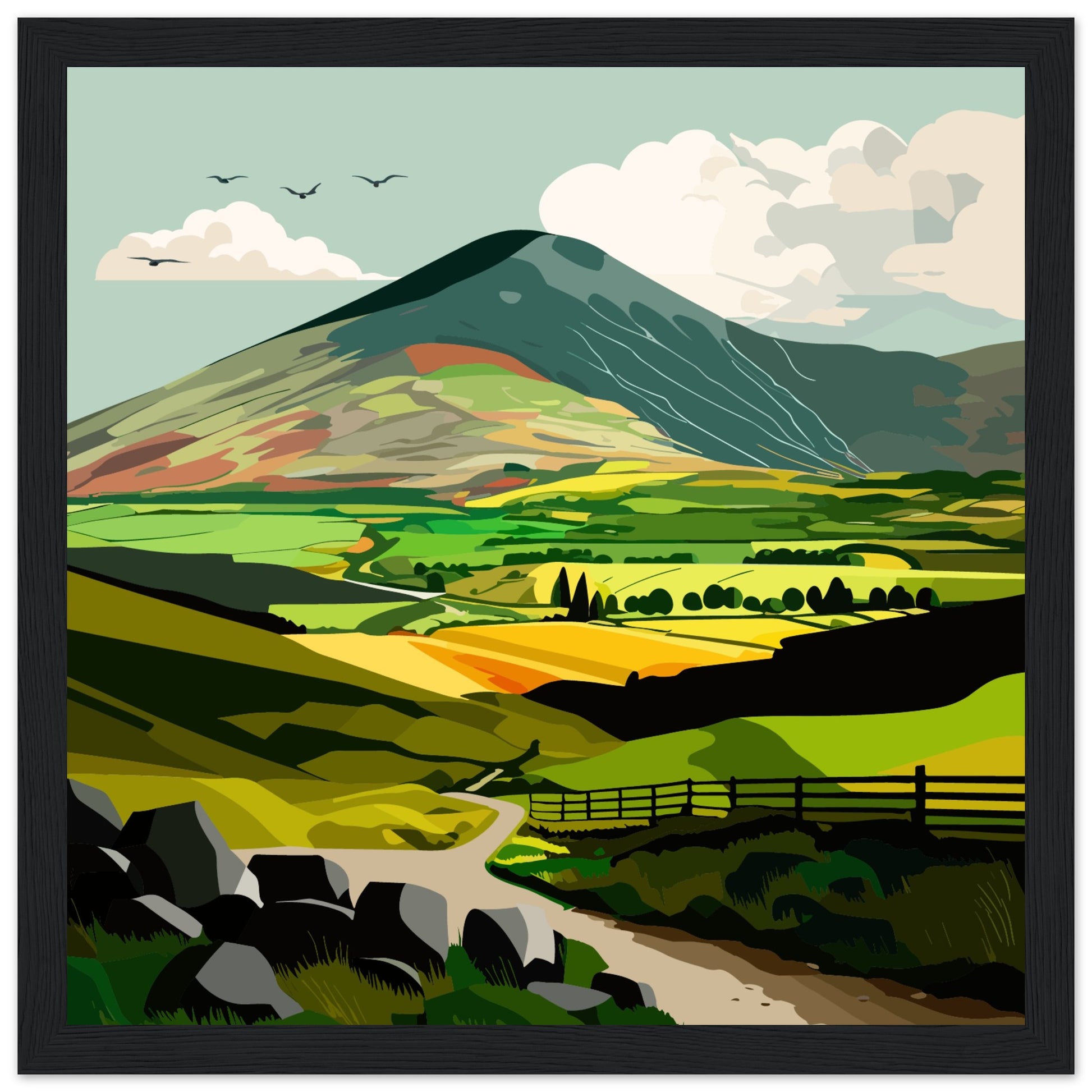 Black framed art print depicting lush green Irish countryside, evoking tranquility and beauty. Ideal for nature lovers longing for the Emerald Isle's serene landscapes.