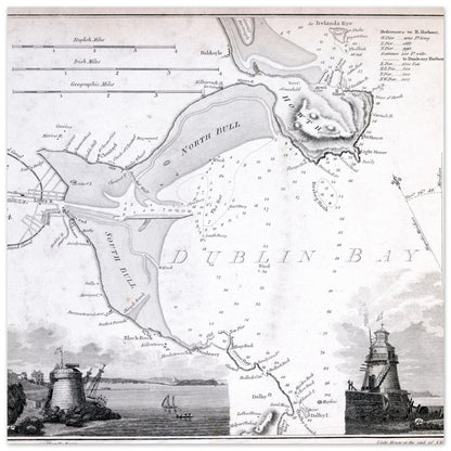 Nautical Map of Dublin Bay with Vignettes of Seapoint Martello Tower and Poolbeg Light House, South Wall – Irish gift | Buy Irish Art