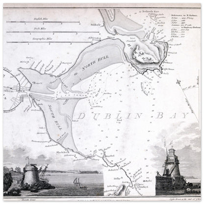 Nautical Map of Dublin Bay with Vignettes of Seapoint Martello Tower and Poolbeg Light House, South Wall – lifestyle view | Buy Irish Art