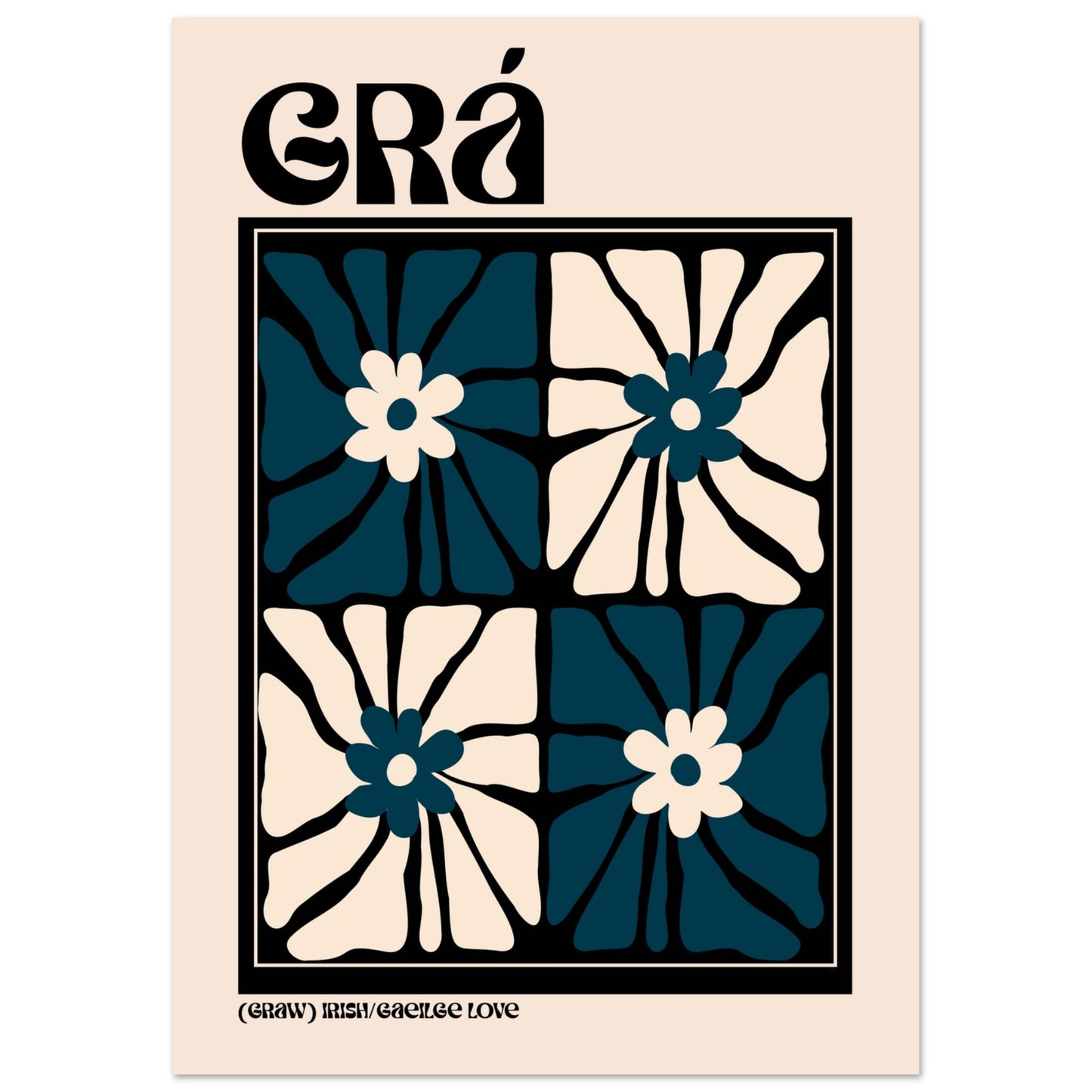 Grá as Gaeilge wall print — Irish word for love in navy, cream and black