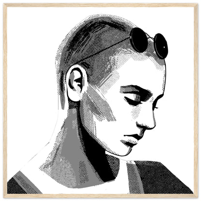 Sinéad O'Connor black and white portrait print in a natural oak frame, straight-on view