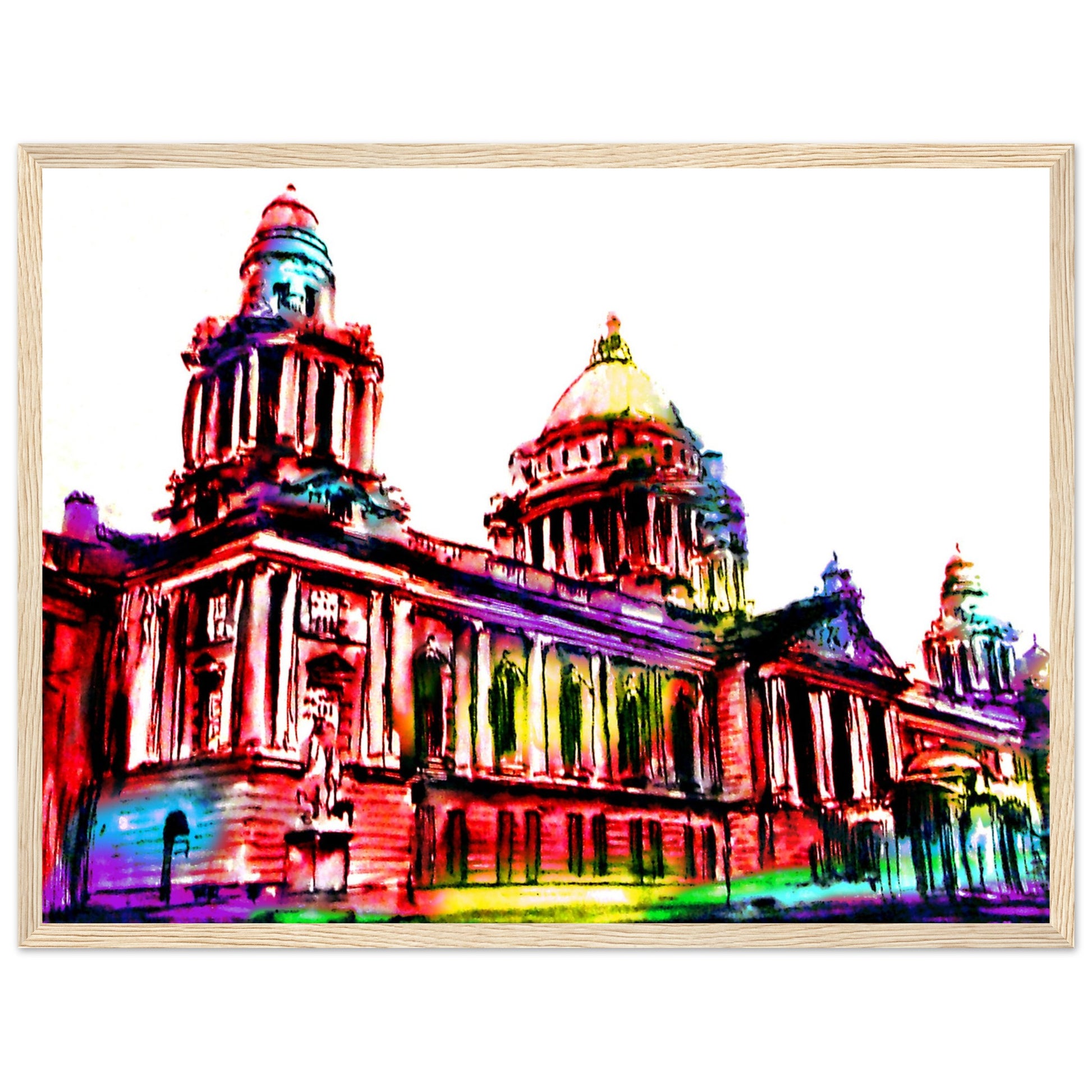 45x60 cm horizontal Belfast City Hall art print in natural wood frame, hanging in a modern dining room above a rectangular table, muted wall tones, minimal table setting, early evening light, realistic interior mockup.