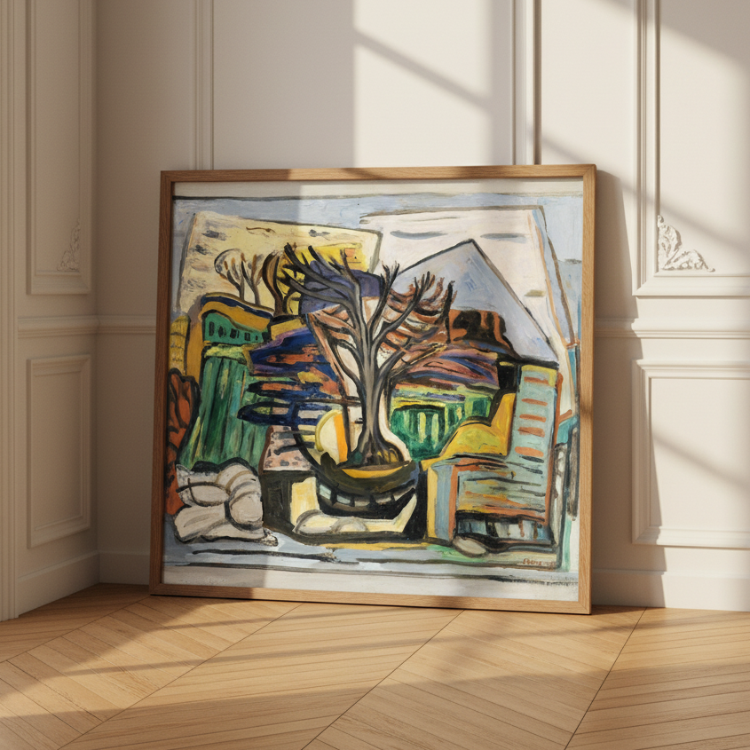 Evie Hone A Landscape with a Tree 1943 natural wood framed print  leaning against living room wall