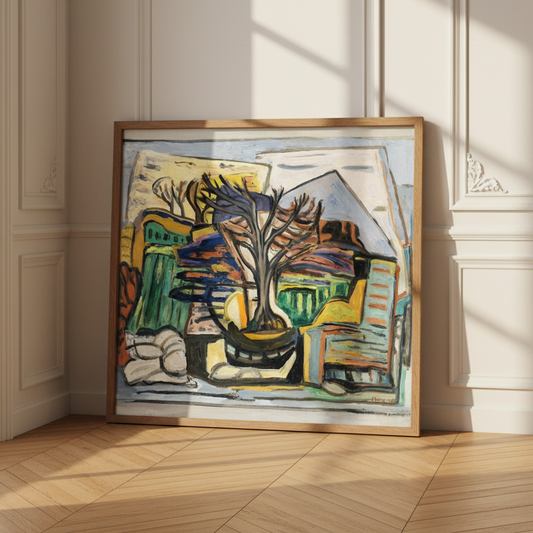 Evie Hone A Landscape with a Tree 1943 natural wood framed print  leaning against living room wall