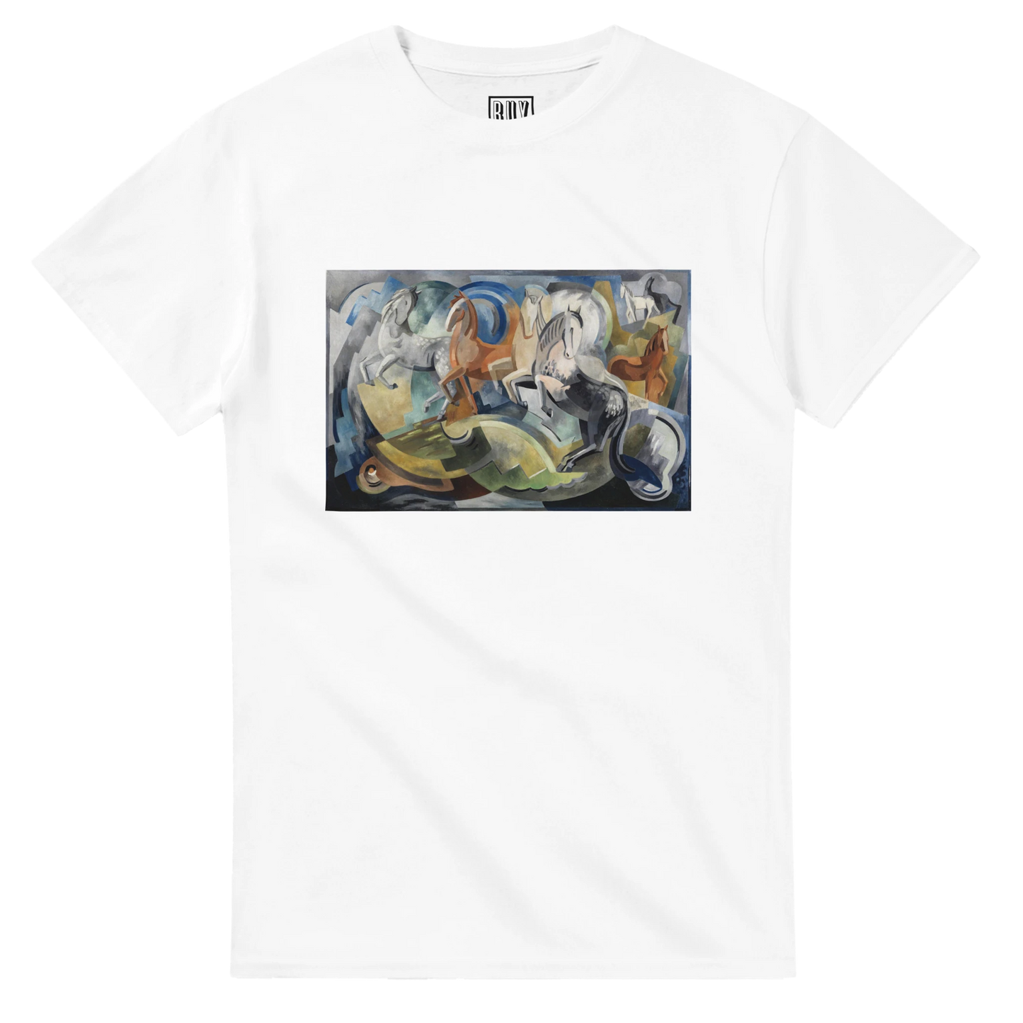 Achill Horses T-Shirt – Mainie Jellett Irish Art Tee – lifestyle worn view | Buy Irish Art