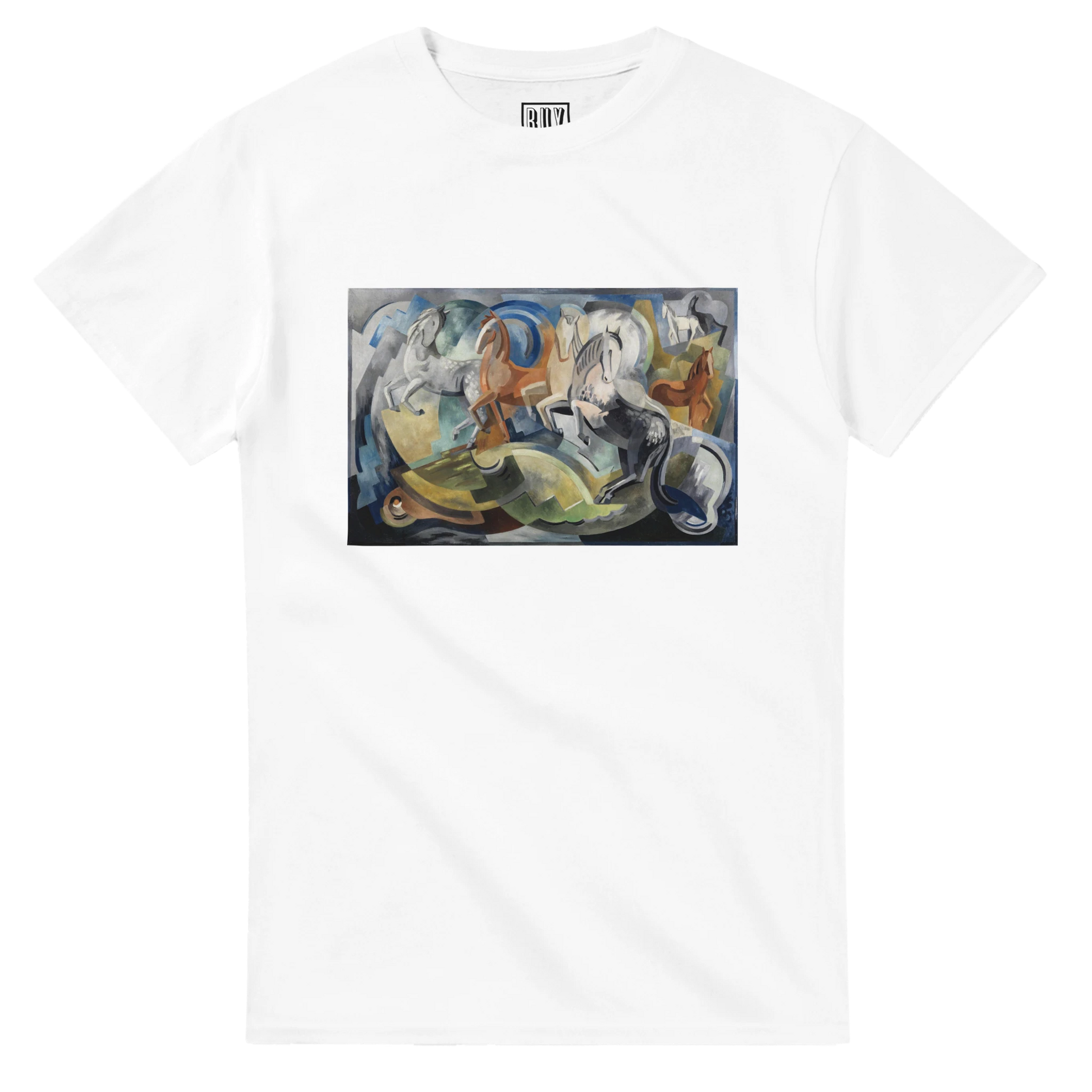 Achill Horses T-Shirt – Mainie Jellett Irish Art Tee – lifestyle worn view | Buy Irish Art
