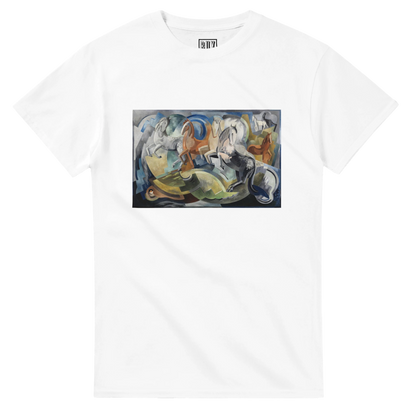 Achill Horses T-Shirt – Mainie Jellett Irish Art Tee – lifestyle worn view | Buy Irish Art