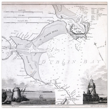 Nautical Map of Dublin Bay with Vignettes of Seapoint Martello Tower and Poolbeg Light House, South Wall – detail view | Buy Irish Art