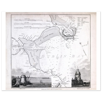 Nautical Map of Dublin Bay with Vignettes of Seapoint Martello Tower and Poolbeg Light House, South Wall – view 5 | Buy Irish Art