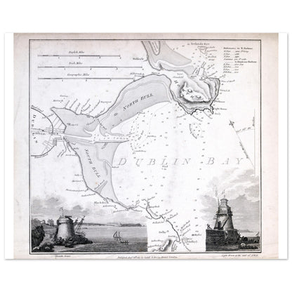 Nautical Map of Dublin Bay with Vignettes of Seapoint Martello Tower and Poolbeg Light House, South Wall – close-up | Buy Irish Art