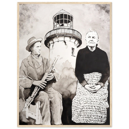 Róise Rua & Uilleann piper Aranmore Lighthouse Island Framed Wall Art Print by Irish Artist – room setting display | Buy Irish Art