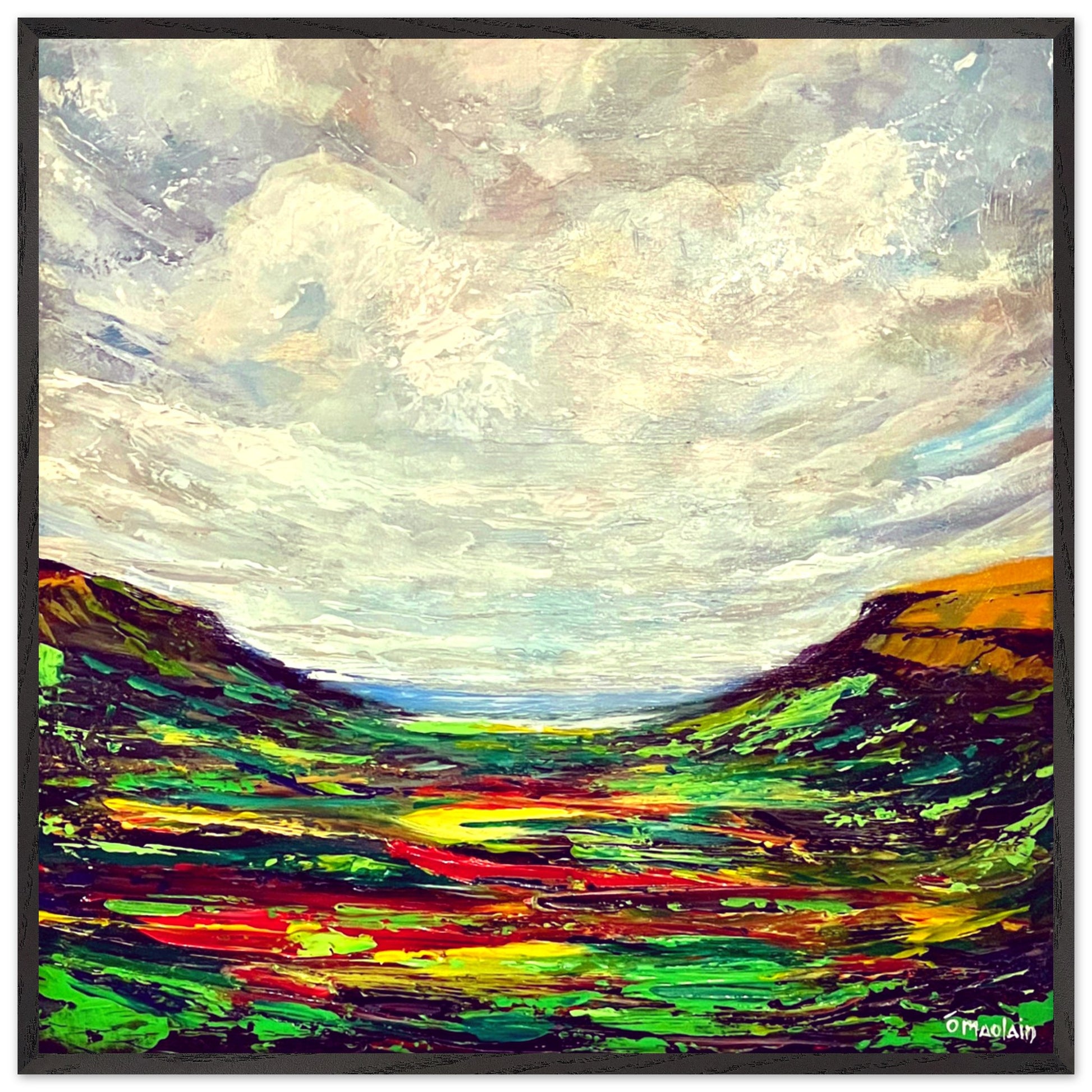 A serene landscape art print titled Queen of the Glens by artist Ó Maoláin, depicting the picturesque Glenariff in County Antrim, Ireland, with lush greenery and coastal charm.