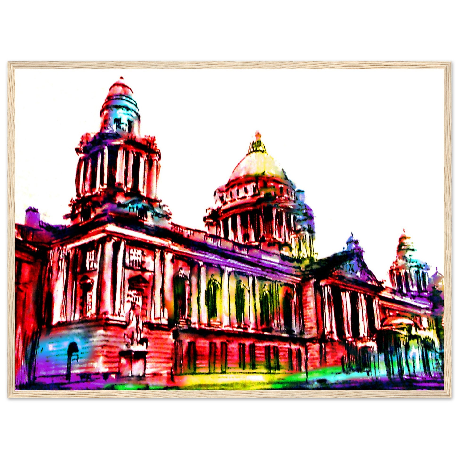 60x80 cm Belfast City Hall framed art print in warm wood frame, statement piece above a fireplace mantel, soft cream wall, styled with candles and books, cosy Irish home interior, realistic photography.