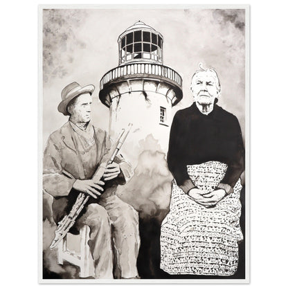 Róise Rua & Uilleann piper Aranmore Lighthouse Island Framed Wall Art Print by Irish Artist – view 7 | Buy Irish Art