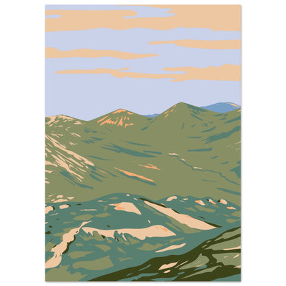 Art print of the Twelve Bens in Connemara National Park, Galway, Ireland. The majestic mountains are depicted against a vibrant sky, showcasing lush green valleys and rugged peaks. This scenic landscape captures the natural beauty and tranquility of the region.