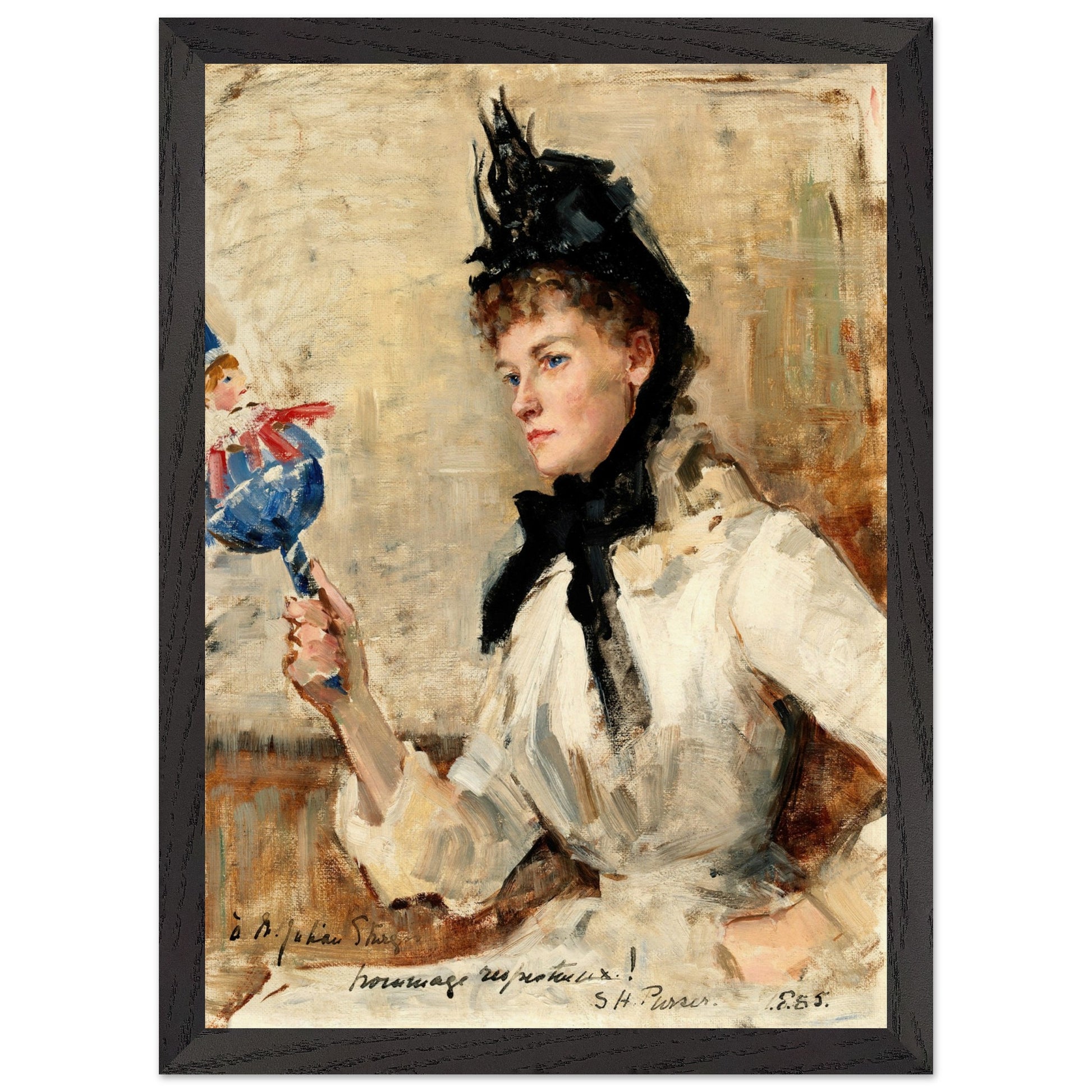 A Lady Holding a Rattle  by Irish Artist Sarah Purser Art Print – size comparison view | Buy Irish Art