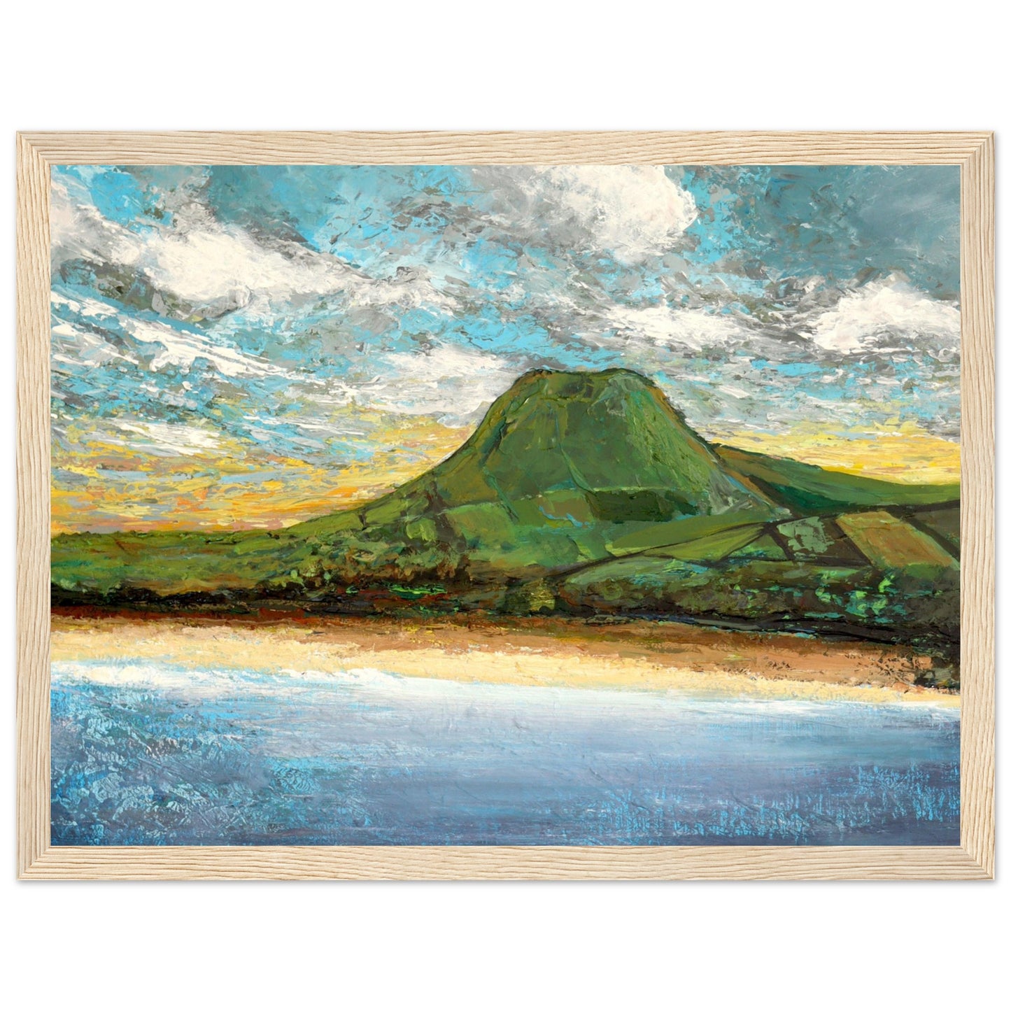 Framed semi-abstract giclee print by Irish artist Ó Maoláin featuring Lurig Mountain and Cushendall Beach in Antrim. The vibrant landscape captures the scenic beauty of the rural beach with its crystal clear waters and sheltered bay, perfect for sea swimming.