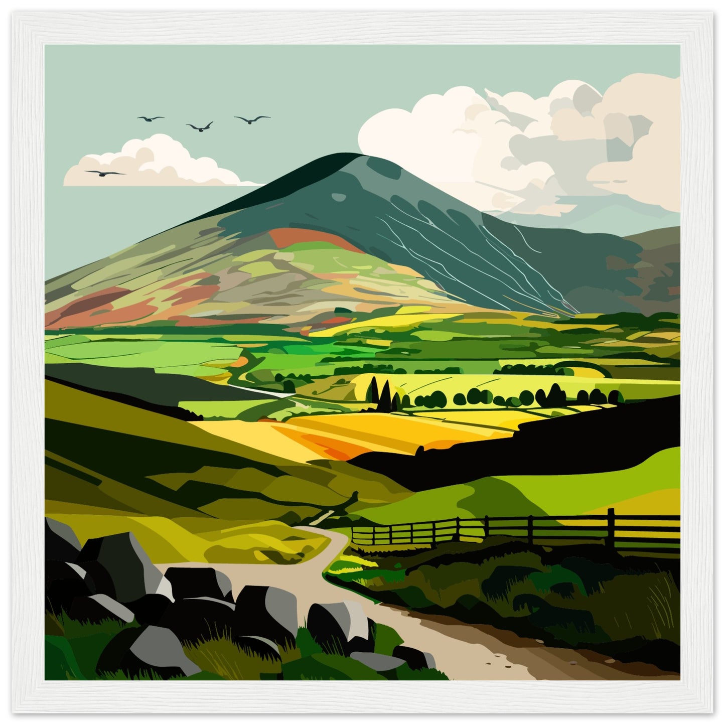 White framed art print depicting lush green Irish countryside, evoking tranquility and beauty. Ideal for nature lovers longing for the Emerald Isle's serene landscapes.