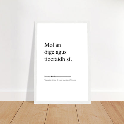 Praise the young and they will blossom Irish Proverb Framed Print – room setting display | Buy Irish Art
