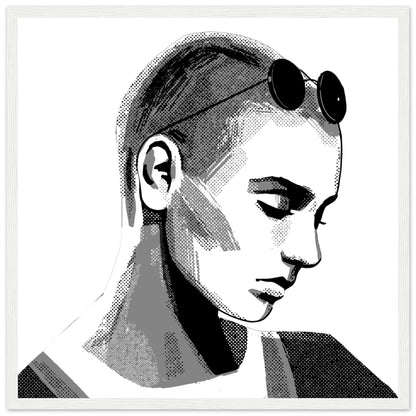Sinéad O'Connor black and white portrait print in a white frame, straight-on view