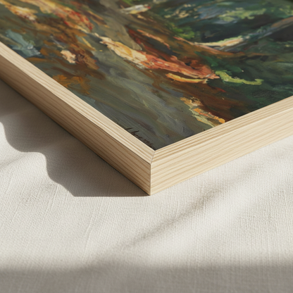 Detail of an oak-framed Lavery print edge showing the painted autumn foliage