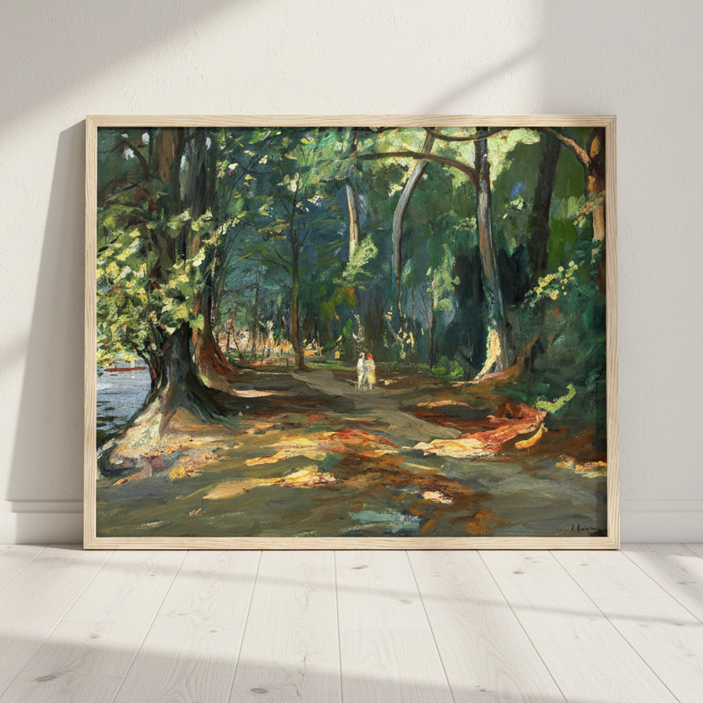 The Path by the River, Maidenhead by Sir John Lavery framed print in an oak frame leaning against a panelled wall