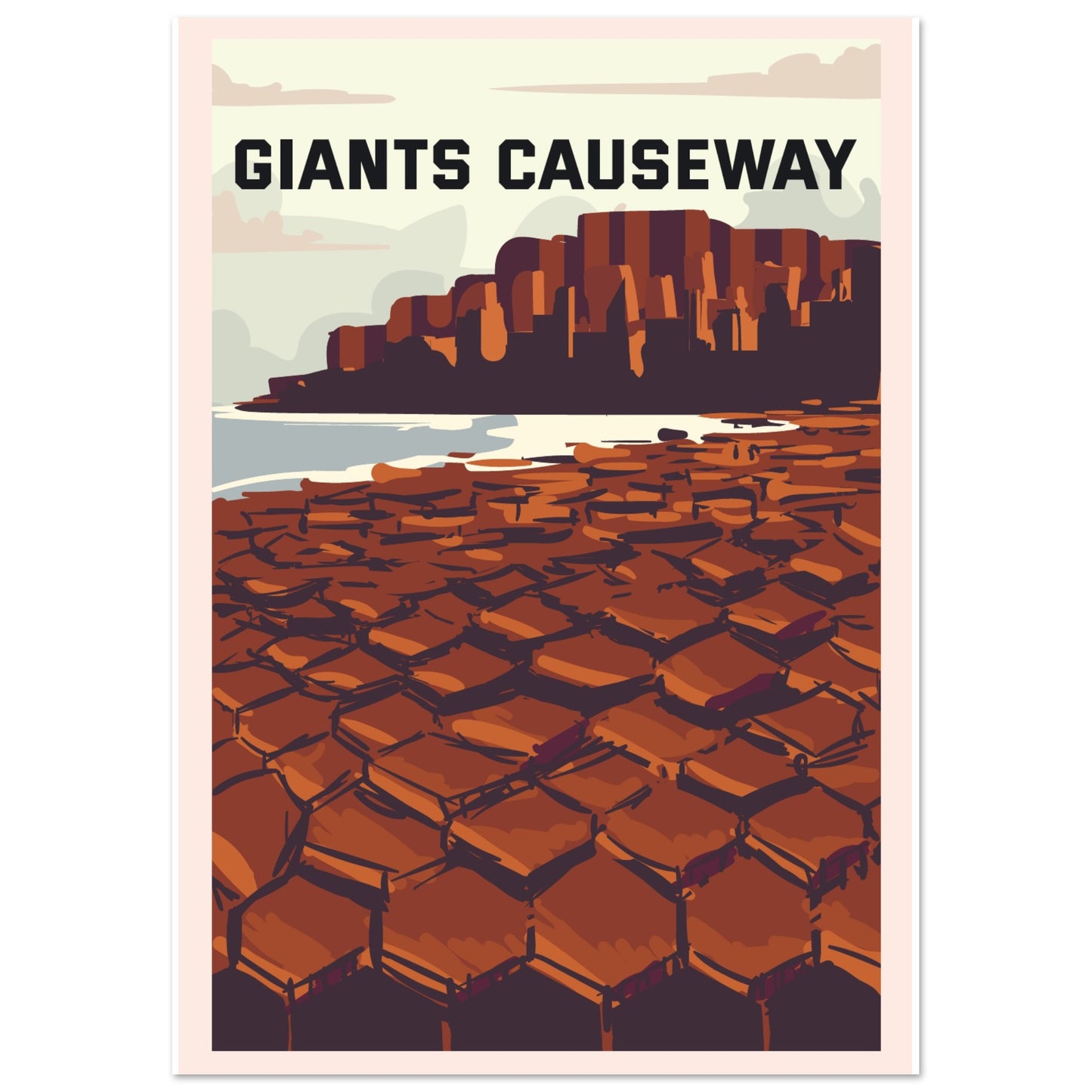 Art print poster of Giant's Causeway in Northern Ireland, featuring hexagonal basalt columns against a backdrop of rugged coastline and sky. Earthy tones of green, gray, and blue capture the natural beauty of this iconic geological formation.