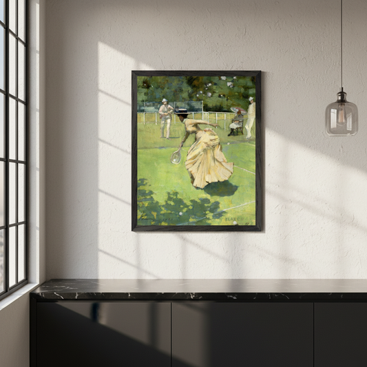 Played!! by Sir John Lavery in a black frame on a sunlit wall above a black marble counter