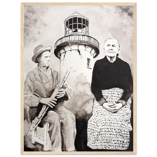 Róise Rua & Uilleann piper Aranmore Lighthouse Island Framed Wall Art Print by Irish Artist – framed print close-up | Buy Irish Art