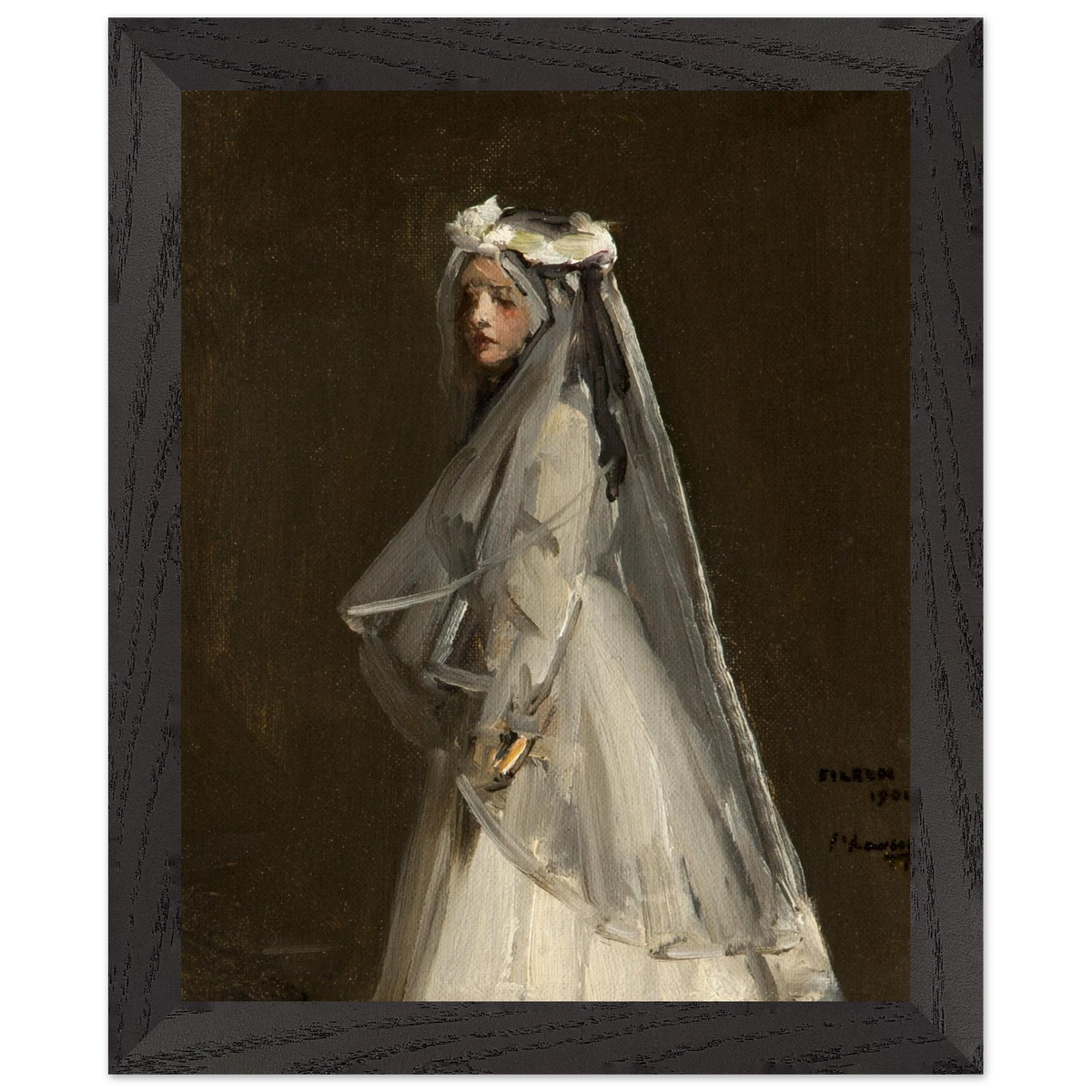 Eileen, Her First Communion (1901) by Sir John Lavery, art print in a black frame, 20x25 cm