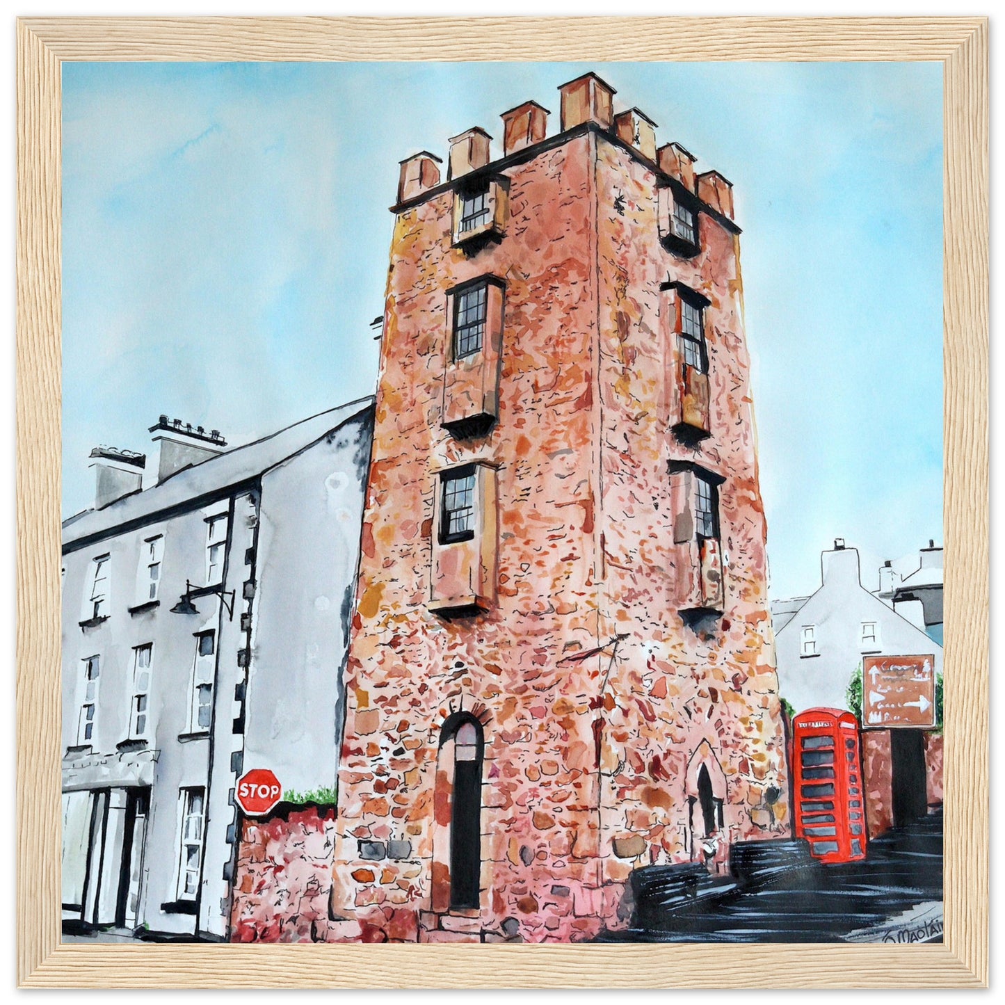 Framed art print 'The Curfew Tower' by Ó Maoláin. This piece depicts The Curfew Tower in Cushendall, Glens of Antrim, built by Francis Turnley in 1820 and now owned by Bill Drummond. The artwork showcases the tower amid the scenic Glens of Antrim.