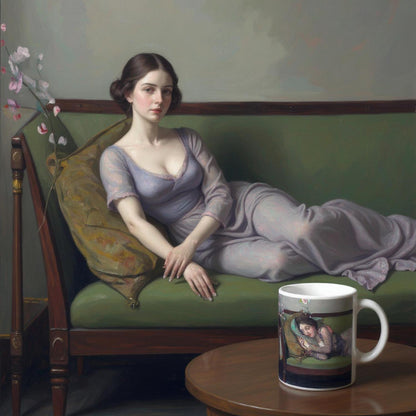 The Green Sofa Mug by Sir John Lavery – lifestyle setting | Buy Irish Art